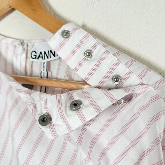 Ganni Stripe Long Puff Sleeve Cotton Mini Dress Cherry Blossom size 38/M/6 - Picture 12 of 16